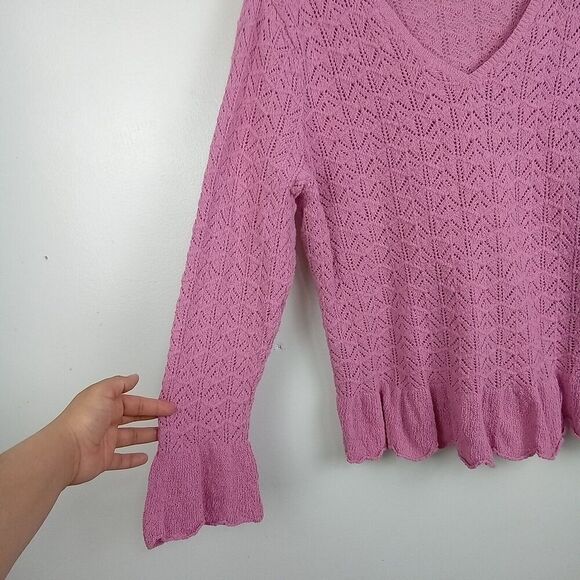 J. Jill Women's Boho Crochet Knit Top Size XL Pink Ruffle Bell Sleeve Cotton - Picture 4 of 8